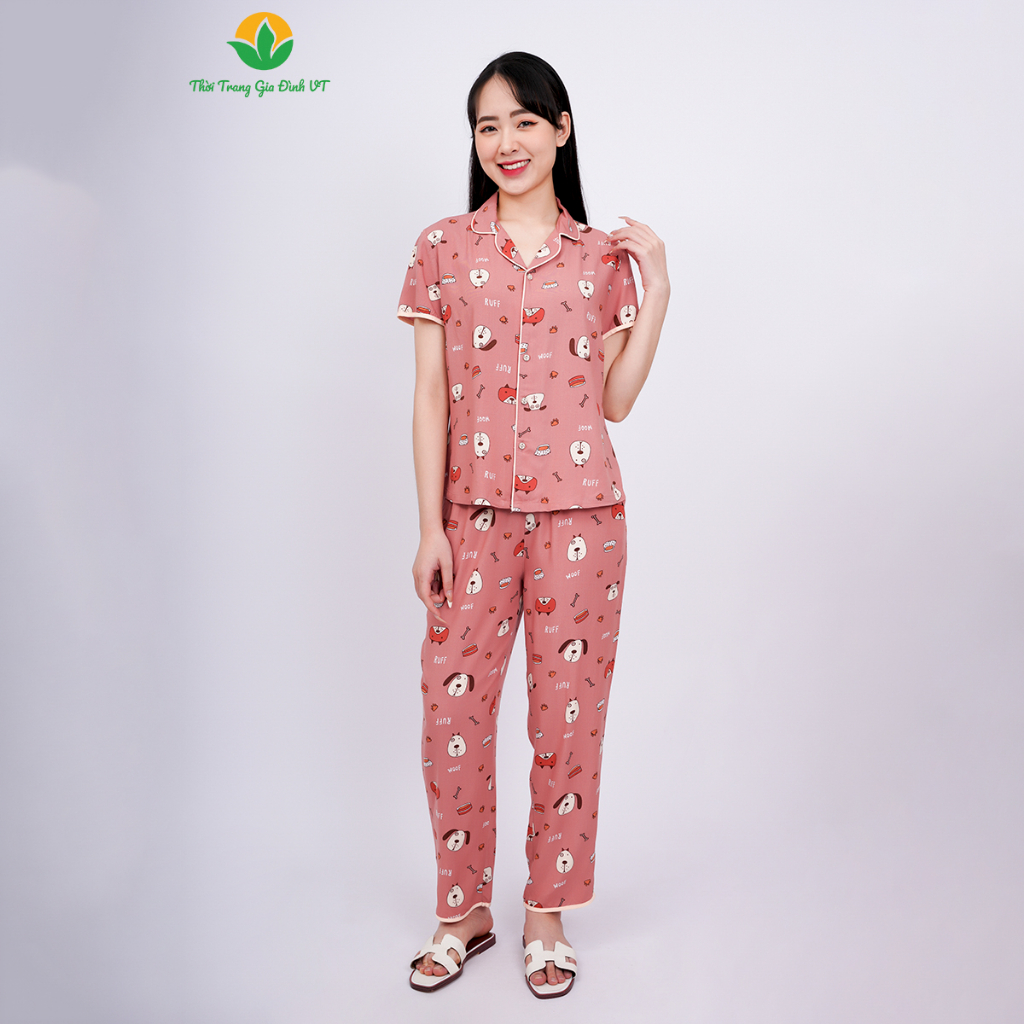 [Mã FATOP12 giảm 30K đơn 150K] Bộ đồ mặc nhà Pijama lanh nữ Việt Thắng quần dài áo cộc tay cổ 2 lớp - B08.2314