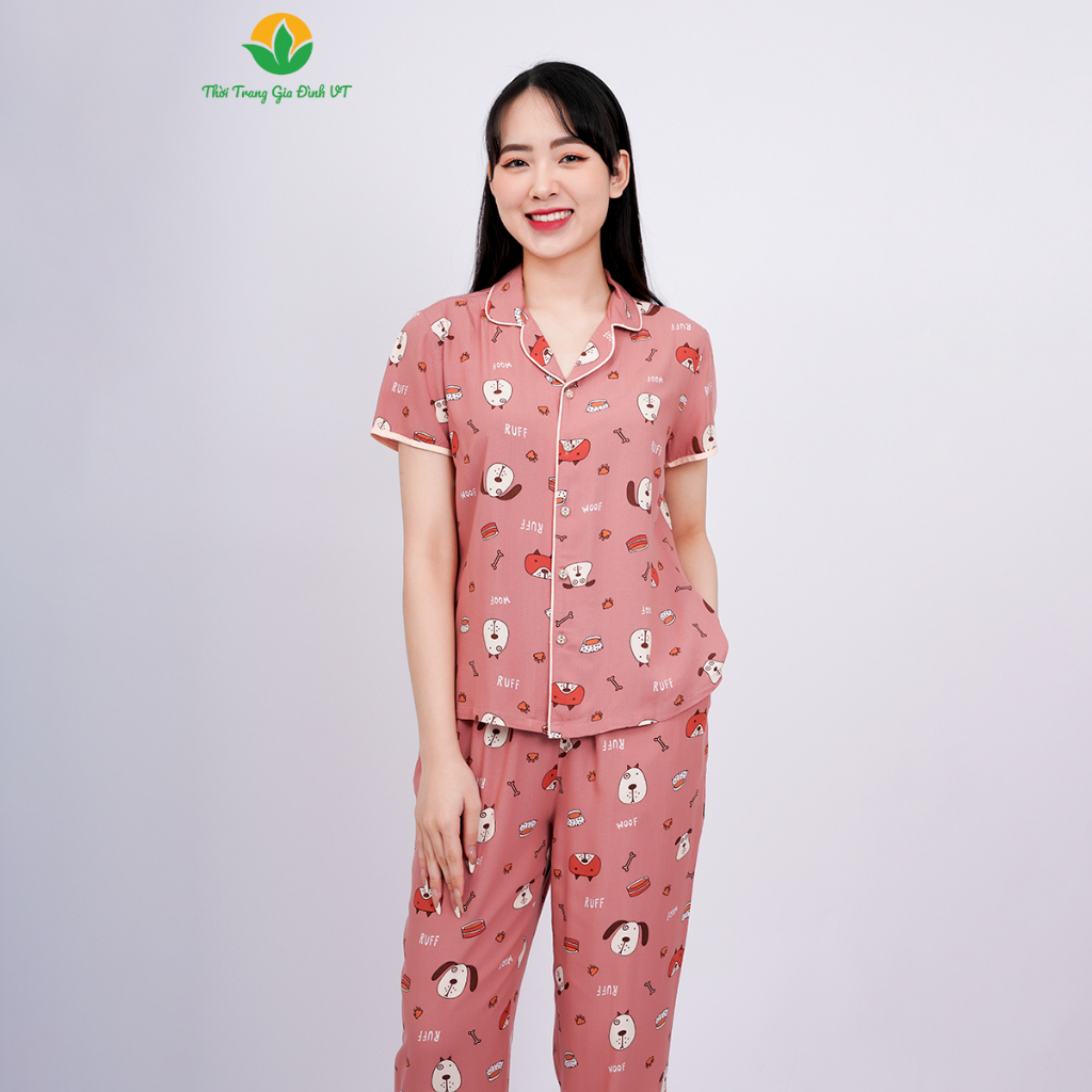 [Mã FATOP12 giảm 30K đơn 150K] Bộ đồ mặc nhà Pijama lanh nữ Việt Thắng quần dài áo cộc tay cổ 2 lớp - B08.2314