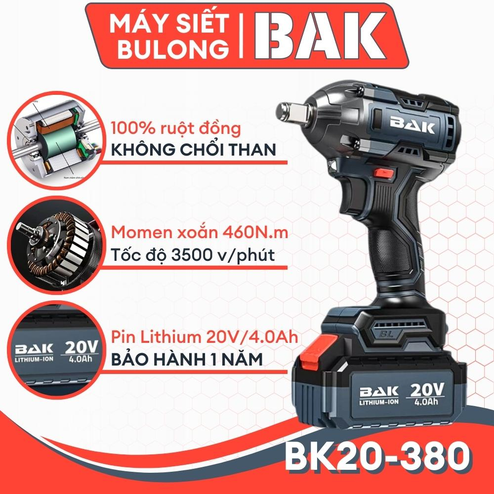 Máy Siết Bulong BK20-380 Dùng Pin BAK, Lõi Đồng Không Chổi Than, Đầu 2 Trong 1, Lực Siết 380Nm, Pin 10 Cell Bảo Hành 1 N