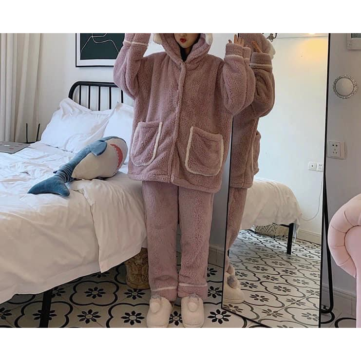 Bộ ngủ lông cừu cá mập tím chất 2 mặt mượt mà dễ thương,sét đồ bộ mặc nhà áo hooide