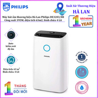 Máy hút ẩm philips de3203/00, công suất 395w, dung tích bình chứa nước 4 lít, diện tích sử dụng 63m2