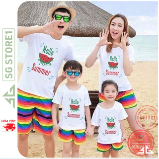 Set đồ đi biển gia đình nguyên bộ gồm áo thun và quần short họa tiết nổi bần bật cho hội nhóm DDB45