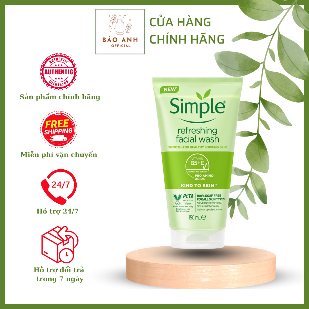 Sữa rửa mặt Simple Kind To Skin Refreshing Facial Wash 150ml; toner Simple; dầu tẩy trang Simple | BigBuy360 - bigbuy360.vn
