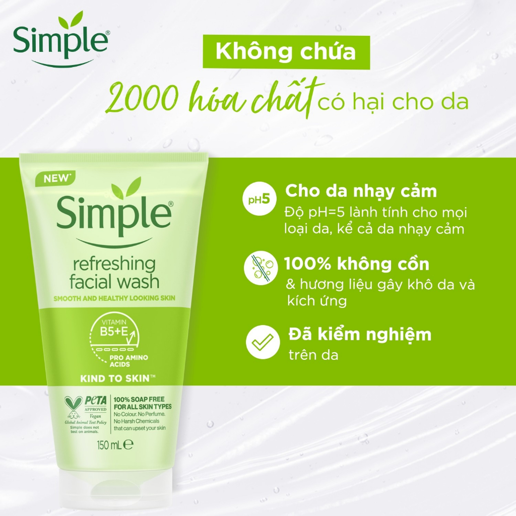 Sữa rửa mặt Simple Kind To Skin Refreshing Facial Wash 150ml; toner Simple; dầu tẩy trang Simple | BigBuy360 - bigbuy360.vn