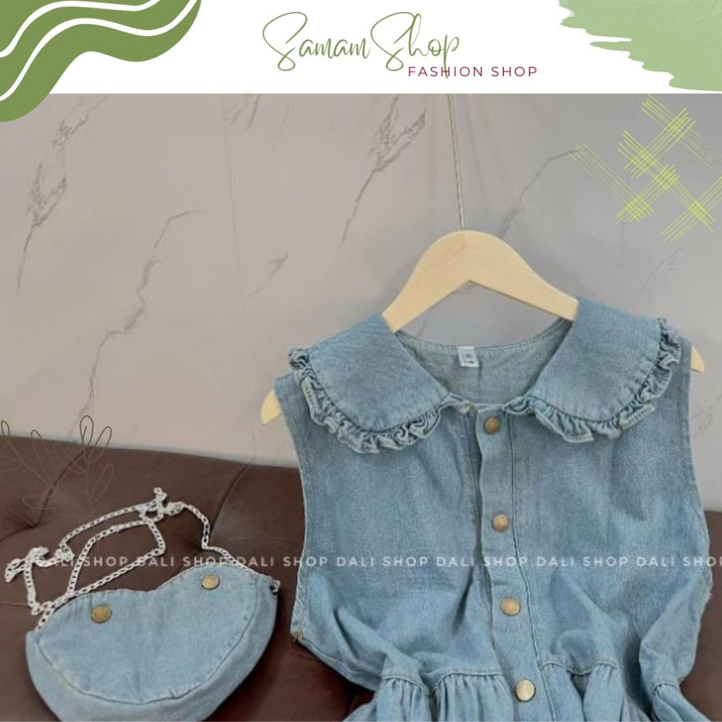 Váy Jean xanh cổ bèo tặng kèm túi trái tim dây xích, đầm babydoll dáng dài nữ tính dễ thươngVJ1