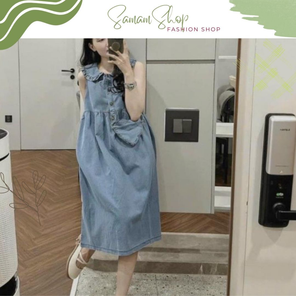 Váy Jean xanh cổ bèo tặng kèm túi trái tim dây xích, đầm babydoll dáng dài nữ tính dễ thươngVJ1