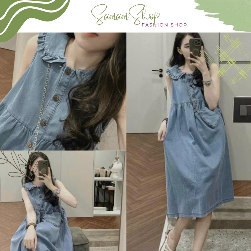 Váy Jean xanh cổ bèo tặng kèm túi trái tim dây xích, đầm babydoll dáng dài nữ tính dễ thươngVJ1