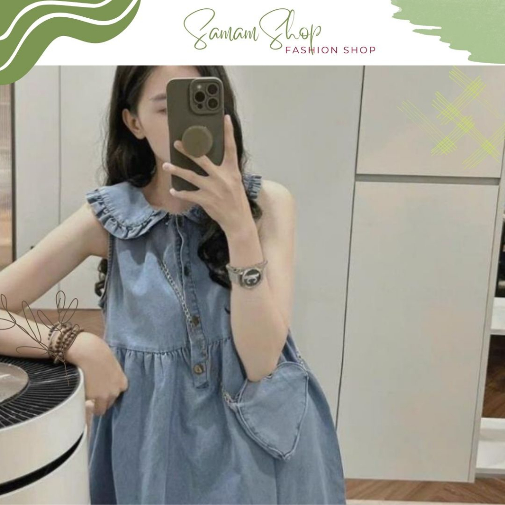 Váy Jean xanh cổ bèo tặng kèm túi trái tim dây xích, đầm babydoll dáng dài nữ tính dễ thươngVJ1