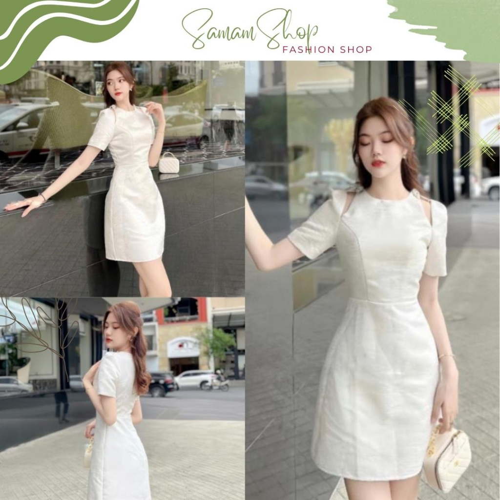 Váy dự tiệc tay bồng khoét vai đính ghim đá, đầm thiết kế Tafta nhũKV1