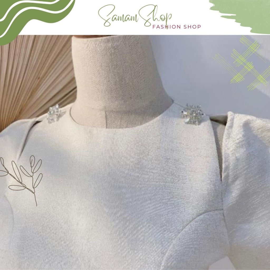 Váy dự tiệc tay bồng khoét vai đính ghim đá, đầm thiết kế Tafta nhũKV1