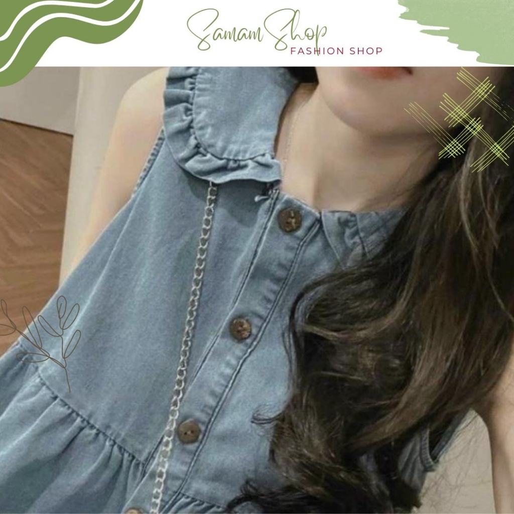 Váy Jean xanh cổ bèo tặng kèm túi trái tim dây xích, đầm babydoll dáng dài nữ tính dễ thươngVJ1