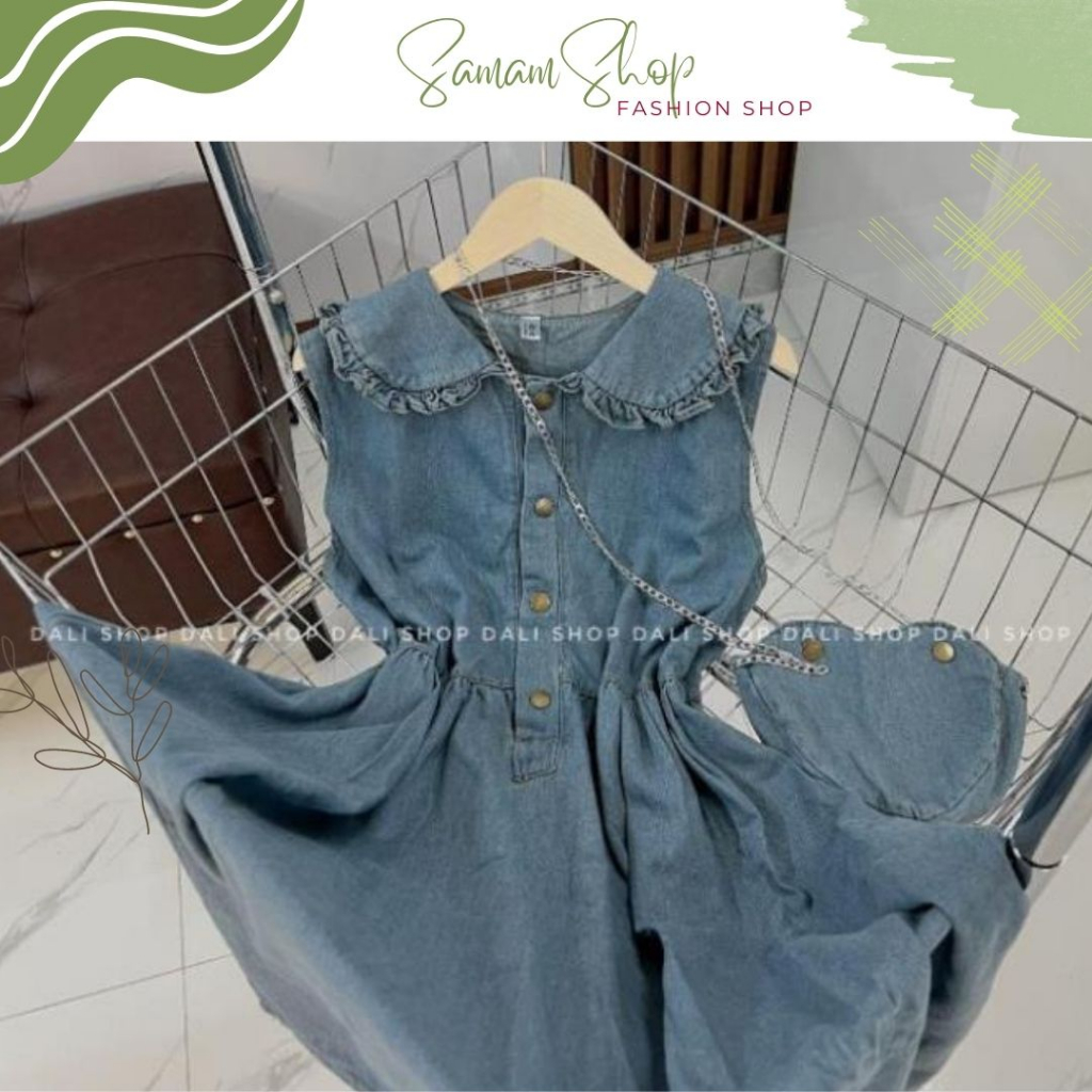 Váy Jean xanh cổ bèo tặng kèm túi trái tim dây xích, đầm babydoll dáng dài nữ tính dễ thươngVJ1
