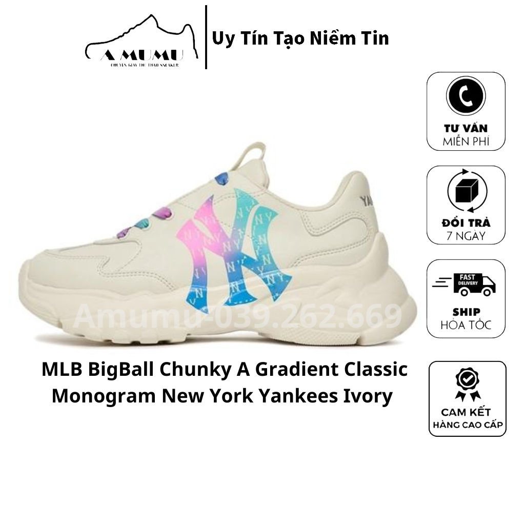 Giày MLB BigBall Chunky A Gradient Classic Monogram New York Yankees ‘Ivory’ | Fullbox - kèm túi mlb