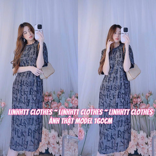 Thun mát- Váy suông dáng dài có tay basic hoạ tiết basic
