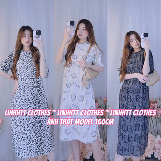 Thun mát- Váy suông dáng dài có tay basic hoạ tiết basic