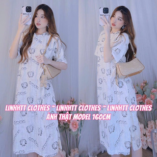 Thun mát- Váy suông dáng dài có tay basic hoạ tiết basic