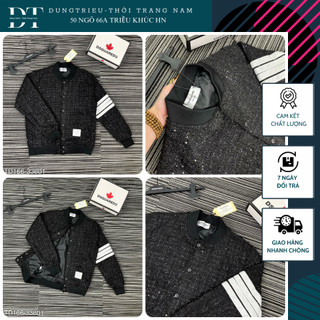 Áo khoác bomber tweed kim tuyến thom vạch trắng hót hít - áo bomber thom nam kim tuyến cao cấp