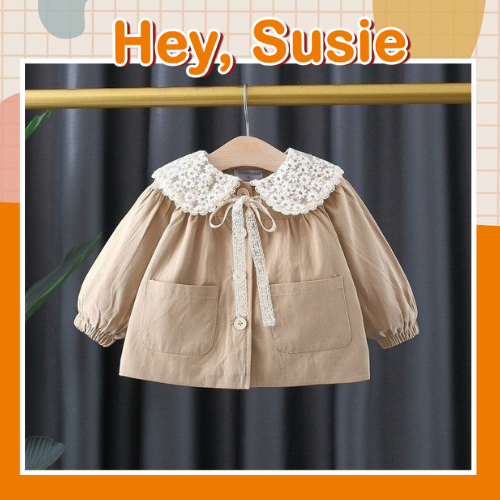 Áo Kaki Phối Cổ Nơ Ren Tiểu Thư, Áo Khoác Mùa Đông Bé Gái Từ 9-17kg Hey Susie AK1342