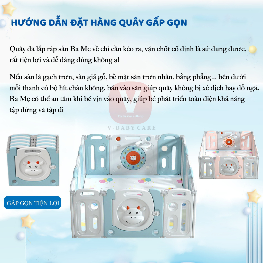 Quây Cũi Nhựa Cho Bé VBABY - Gấp Gọn Hình Bò & Hình Gấu