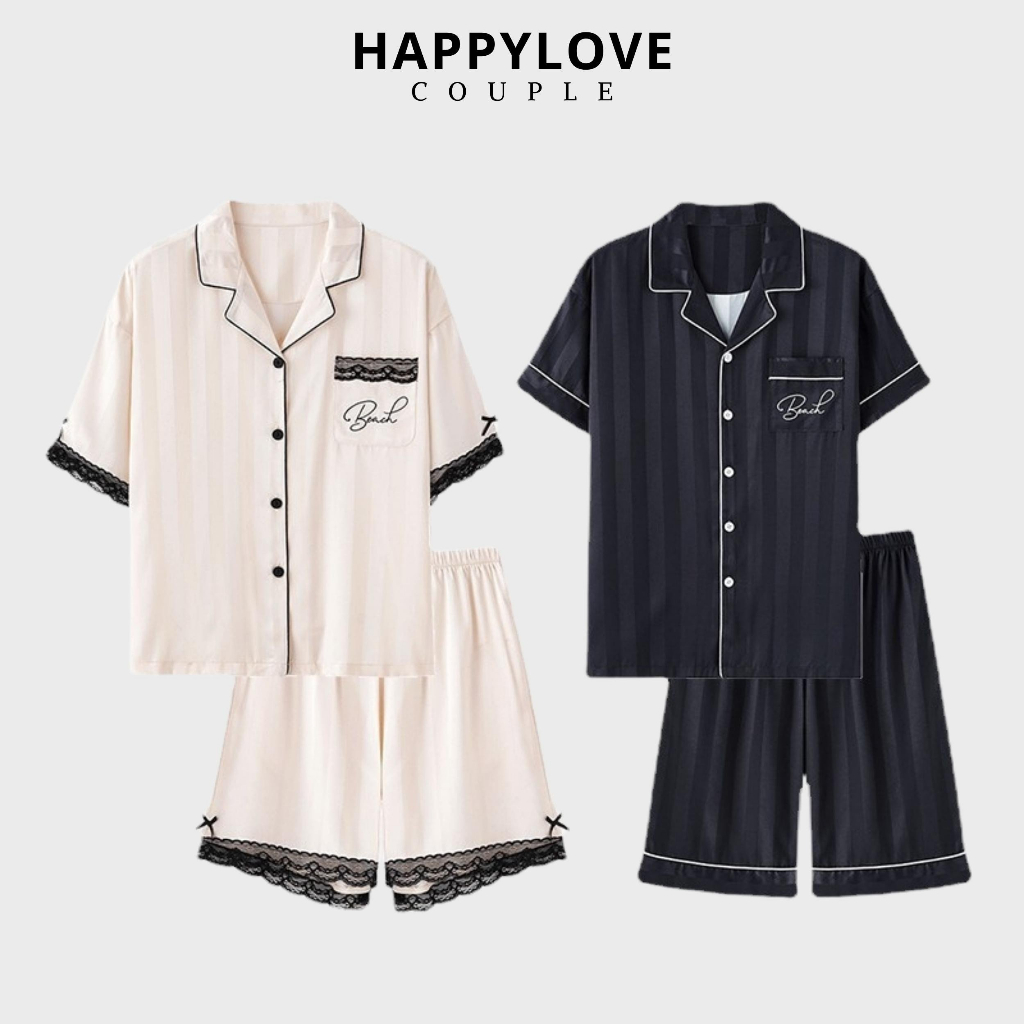 Bộ đồ ngủ đôi nam nữ pijama lụa mặc nhà ngắn tay HAPPYLOVE phối ren cao cấp thời trang cặp đôi M089