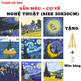 Tranh tô màu theo số họa tiết ĐÊM ĐẦY SAO kèm màu size 20x20cm, Tranh sơn dầu tô màu theo số sẵn khung