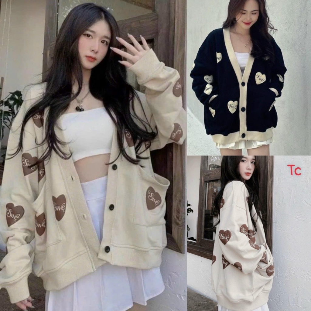 áo khoác cardigan nữ chất nỉ ngoại dày đẹp hình tim swe form rộng A101 SUTANO