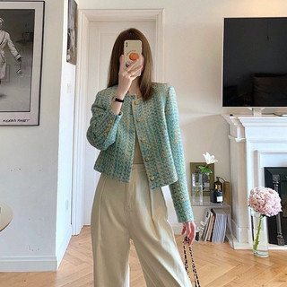 Áo khoác dạ tweed kẻ xanh sang chảnh