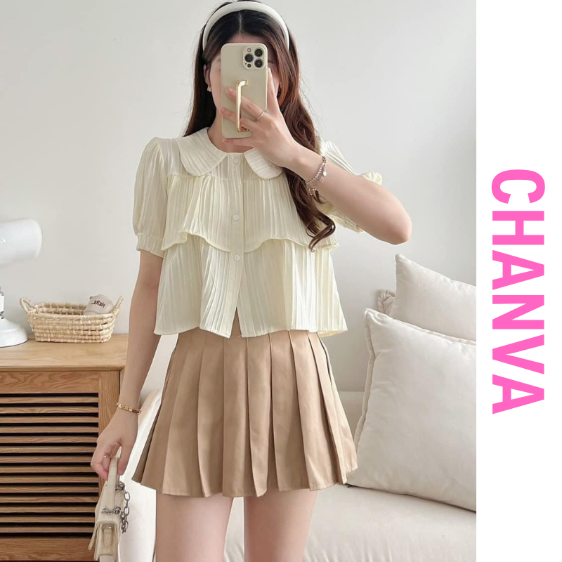 Áo sơ mi cộc tay cổ sen dáng babydoll , áo sơ mi kiểu nữ dáng croptop bèo tầng nhẹ nhàng tiểu thư _ CHANVA