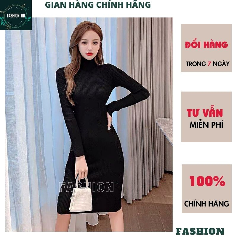 Đầm dài cổ lọ chất len co giãn mềm mịn - Váy nữ màu đen trắng đơn giản basic ulzzang vintage - FASHION VL01