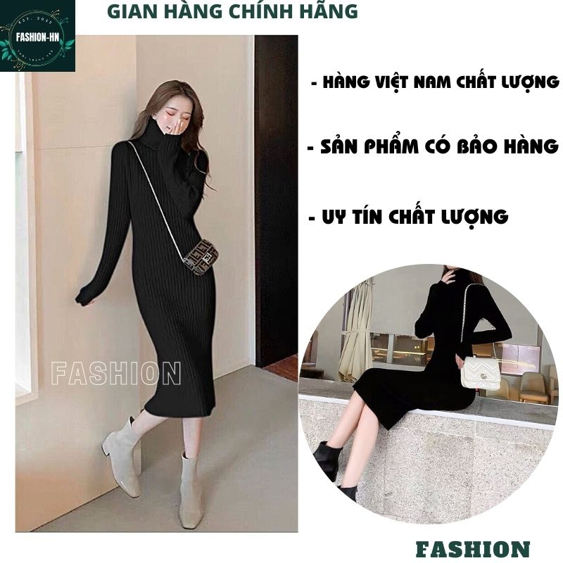 Đầm dài cổ lọ chất len co giãn mềm mịn - Váy nữ màu đen trắng đơn giản basic ulzzang vintage - FASHION VL01