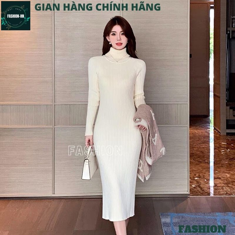 Đầm dài cổ lọ chất len co giãn mềm mịn - Váy nữ màu đen trắng đơn giản basic ulzzang vintage - FASHION VL01