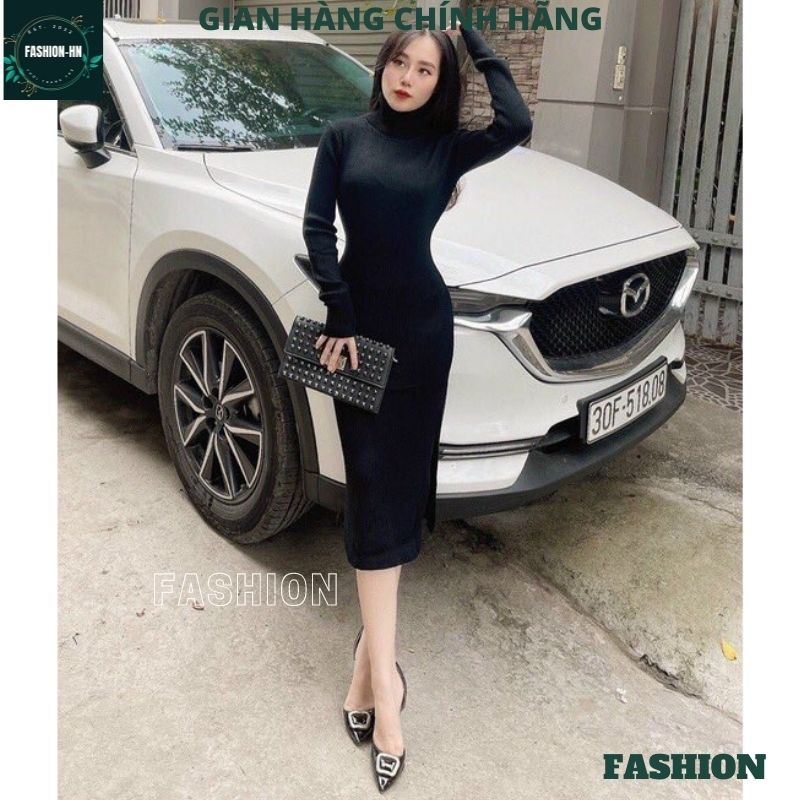 Đầm dài cổ lọ chất len co giãn mềm mịn - Váy nữ màu đen trắng đơn giản basic ulzzang vintage - FASHION VL01