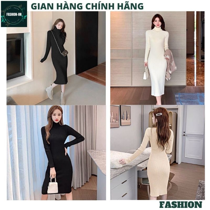 Đầm dài cổ lọ chất len co giãn mềm mịn - Váy nữ màu đen trắng đơn giản basic ulzzang vintage - FASHION VL01