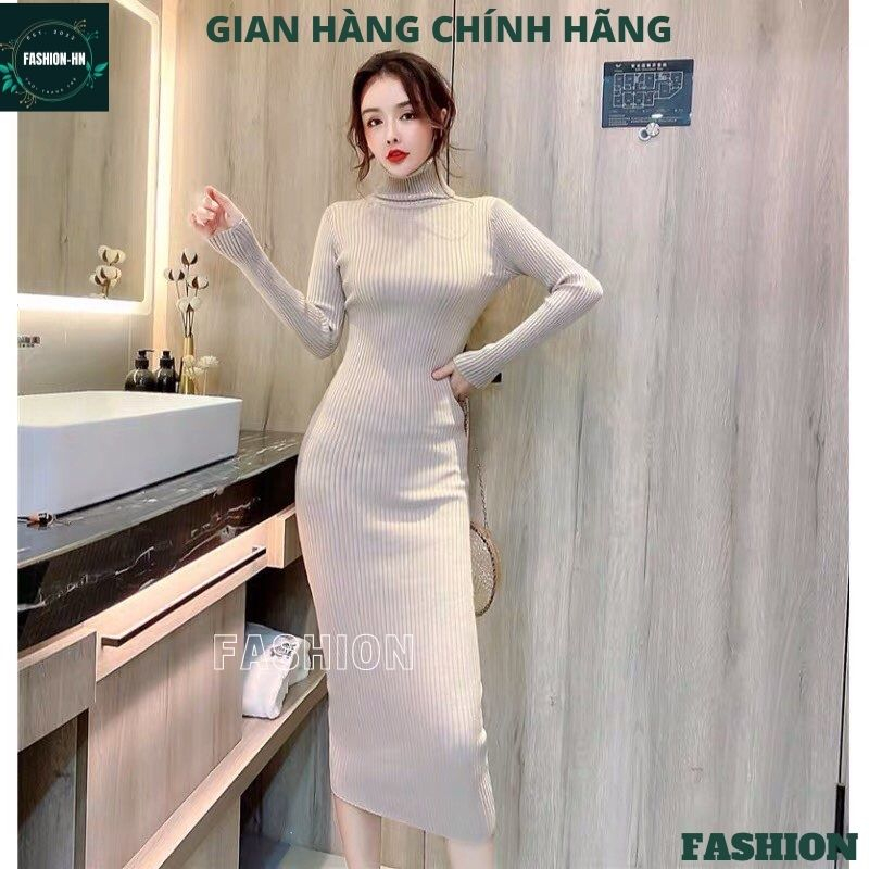 Đầm dài cổ lọ chất len co giãn mềm mịn - Váy nữ màu đen trắng đơn giản basic ulzzang vintage - FASHION VL01