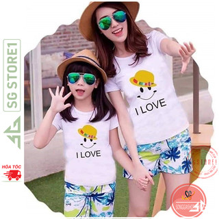 Set đồ mẹ và bé đi biển nguyên bộ gồm áo thun và quần họa tiết nổi bật đủ size cho gia đình DDB12