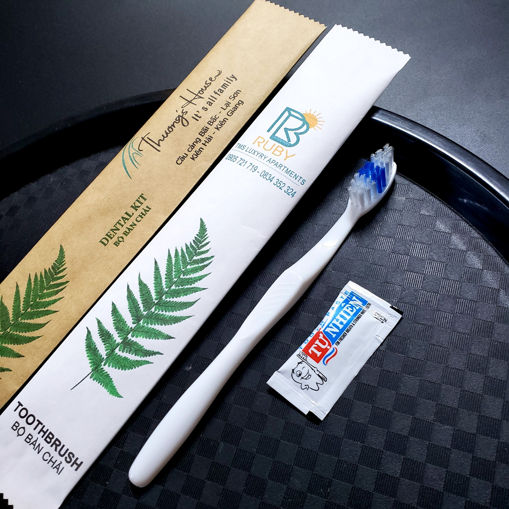 In logo miễn phí - 100 Bộ bàn chải và kem gói Tự Nhiên 2g đóng túi giấy trắng/nâu dùng cho nhà nghỉ, khách sạn
