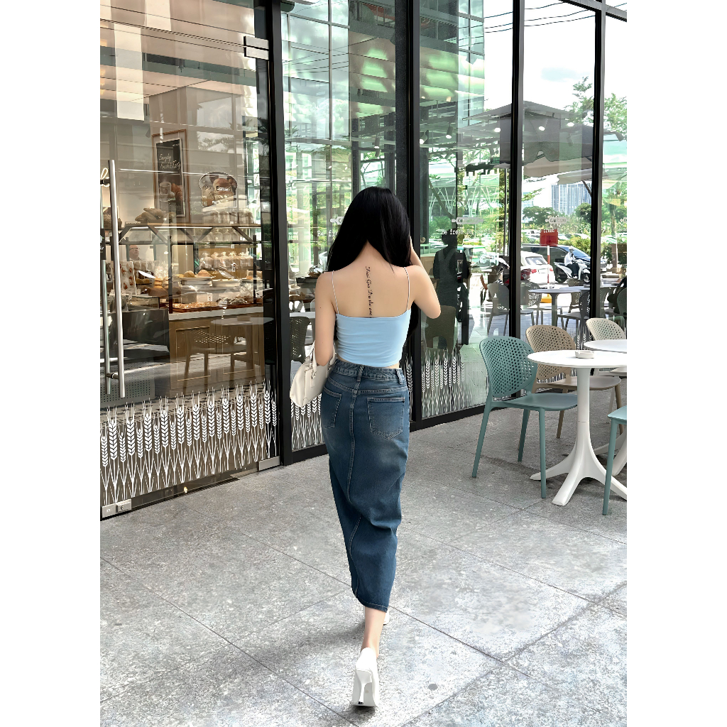 Chân váy jean midi nữ HEYBEE màu xanh, xẻ giữa, dài ngang bắp chân  - HJ1547
