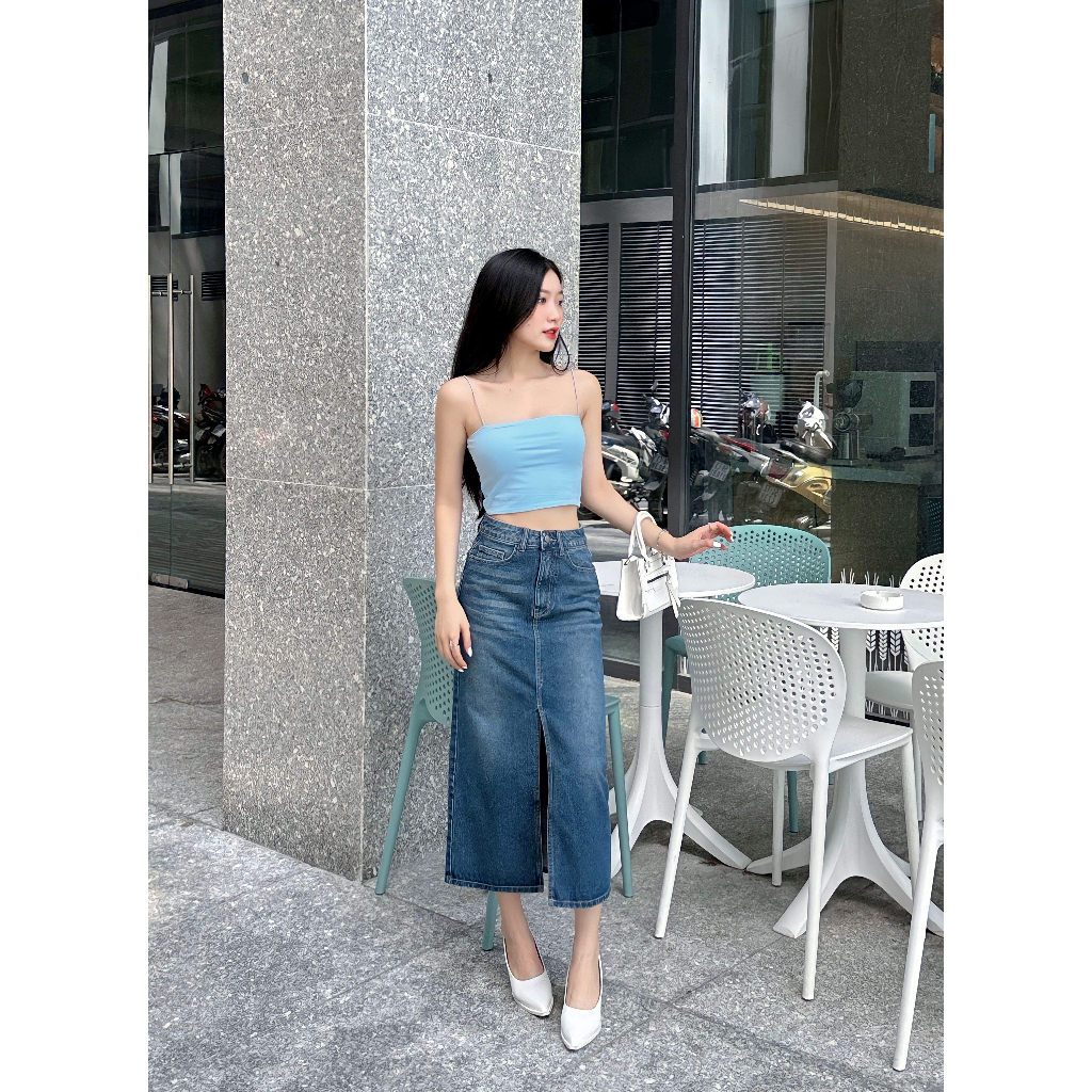 Chân váy jean midi nữ HEYBEE màu xanh, xẻ giữa, dài ngang bắp chân  - HJ1547