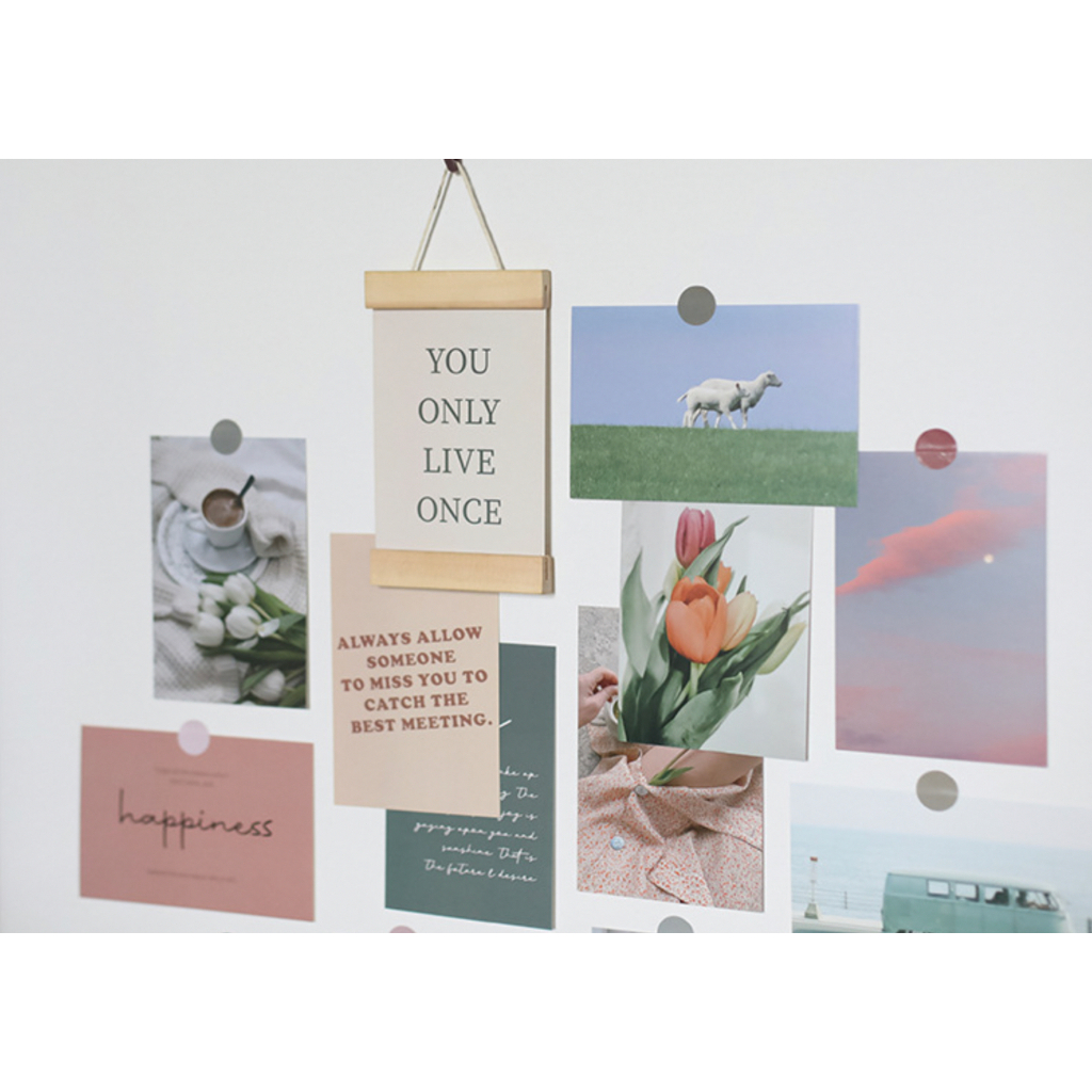 Postcard set gồm 30 tấm trang trí dùng decor tường, đạo cụ chụp ảnh phong cách Aesthetic tặng kèm sticker chấm tròn