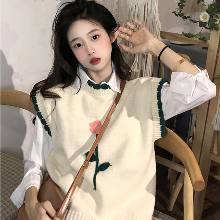 Áo len gile nữ kiểu thêu hoa phối viền xinh xắn sweater len nữ phối áo thun sơ mi phong cách hàn quốc 6713
