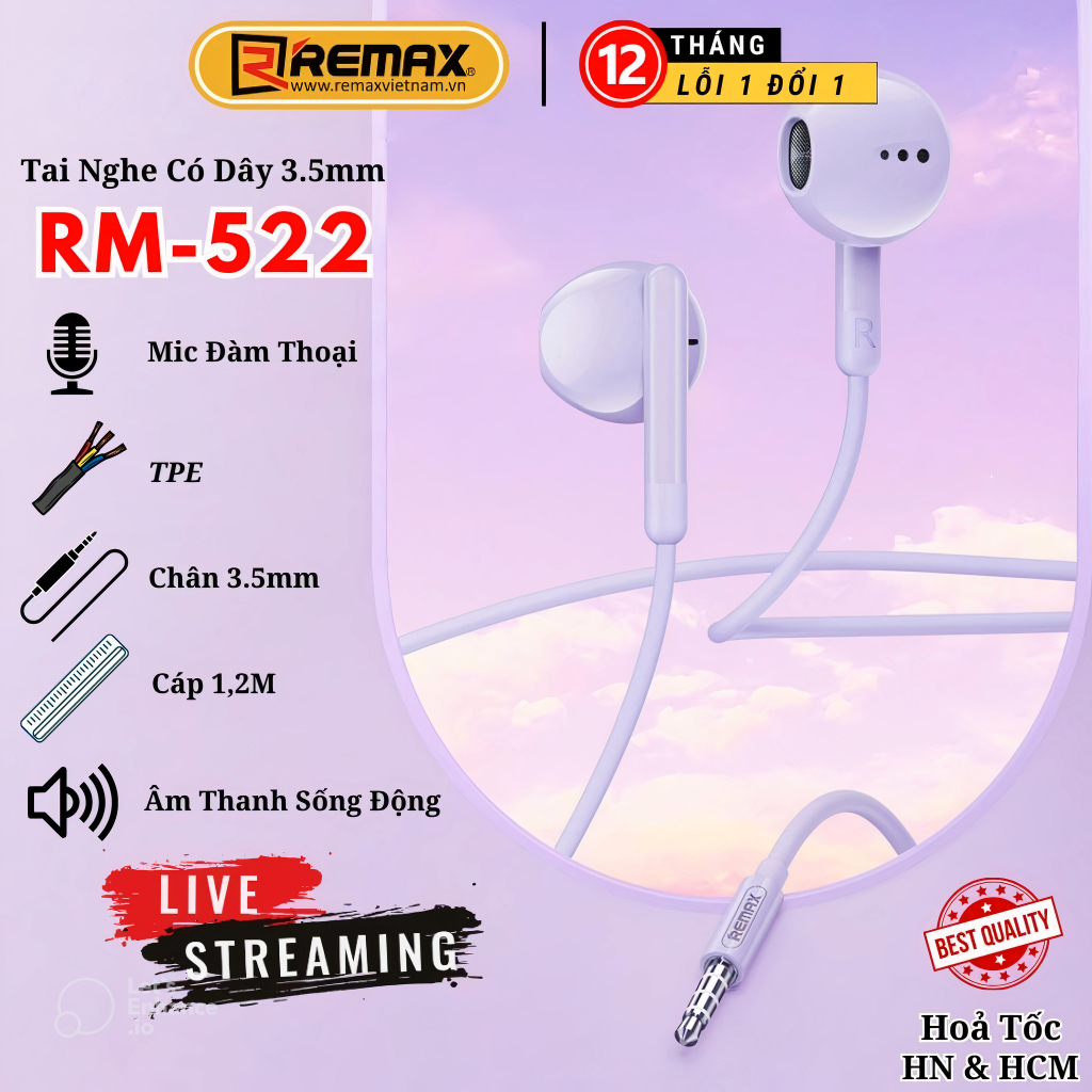 Tai Nghe Có Dây Chân 3.5mm Có Mic Remax RM-522 Chính Hãng Remax Bảo Hành 12 Tháng Lỗi 1 Đổi 1