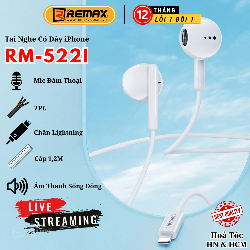 Tai nghe có dây chân Lighning có micro Remax RM-522i Chính Hãng Remax bảo hành 12 tháng lỗi 1 đổi 1