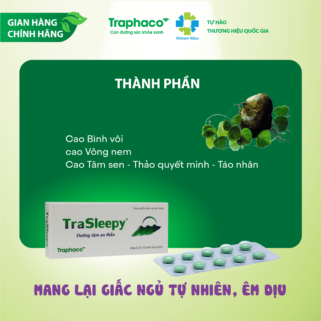 Giúp Ngủ Ngon Ngủ Tự Nhiên Êm Dịu TRASLEEPY Giảm Stress Mệt Mỏi Cho Người Suy Nhược Thần Kinh Hộp 20 Viên