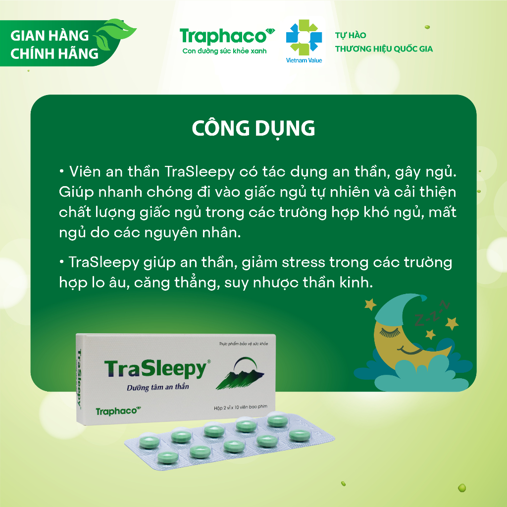 Giúp Ngủ Ngon Ngủ Tự Nhiên Êm Dịu TRASLEEPY Giảm Stress Mệt Mỏi Cho Người Suy Nhược Thần Kinh Hộp 20 Viên