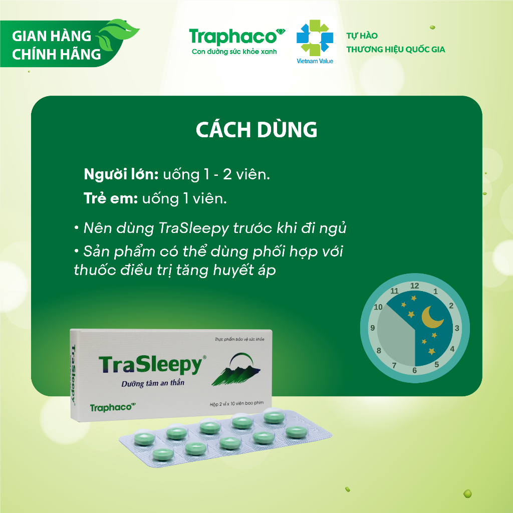 Giúp Ngủ Ngon Ngủ Tự Nhiên Êm Dịu TRASLEEPY Giảm Stress Mệt Mỏi Cho Người Suy Nhược Thần Kinh Hộp 20 Viên