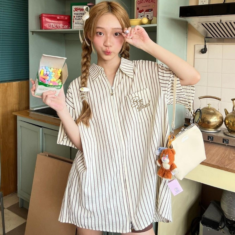 Áo Sơ Mi Cộc Tay Form Rộng Trẻ Trung Hoạ Tiết Kẻ Khoá Trái Tim 𝘽𝙮𝙘𝙖𝙢𝙘𝙖𝙢