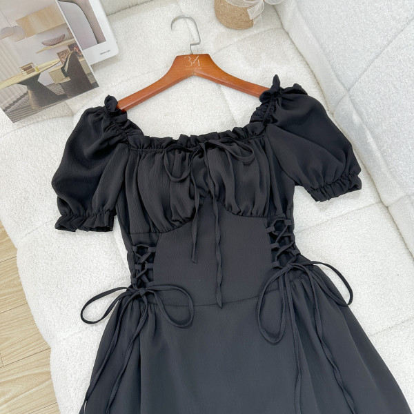 Đầm voan nhún 34DA008 34 Bigsize thời trang nữ đầm voan tiểu thư, thắt eo phối dây dễ thương từ 50kg đến 75kg