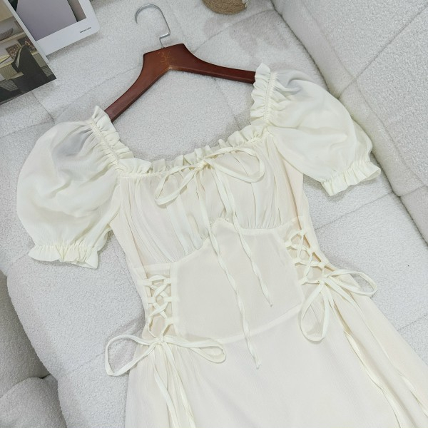 Đầm voan nhún 34DA008 34 Bigsize thời trang nữ đầm voan tiểu thư, thắt eo phối dây dễ thương từ 50kg đến 75kg