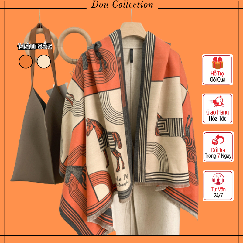 Khăn choàng cổ len unisex, Khăn giả cashmere trơn sọc phối màu hoạ tiết ngựa phong cách cổ điển thu đông - Mã LN119