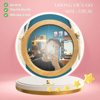 Gương treo nhà tắm ,gương tròn viền gỗ treo dây thừng decor trang trí bàn trang điểm tặng full phụ kiện đường kính 30cm